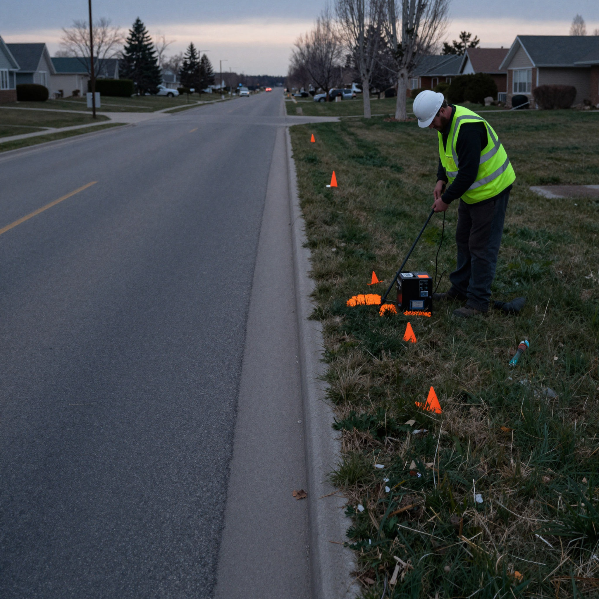 A locate technician marking a boulevard at dusk.