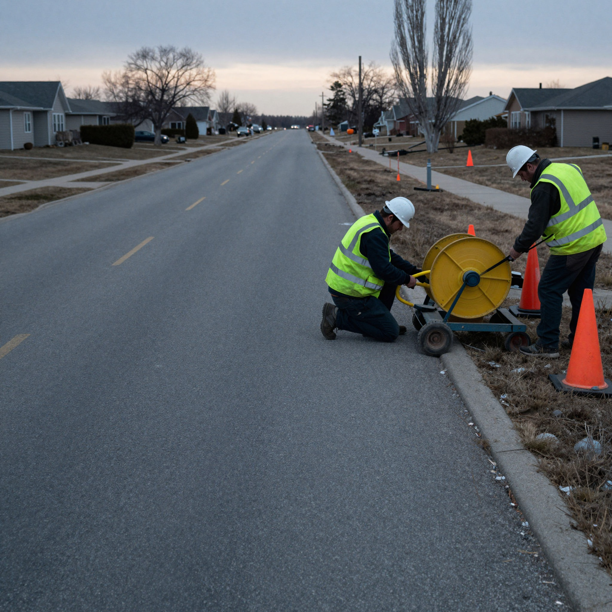Crew working a cable reel at the kerb beside traffic cones.