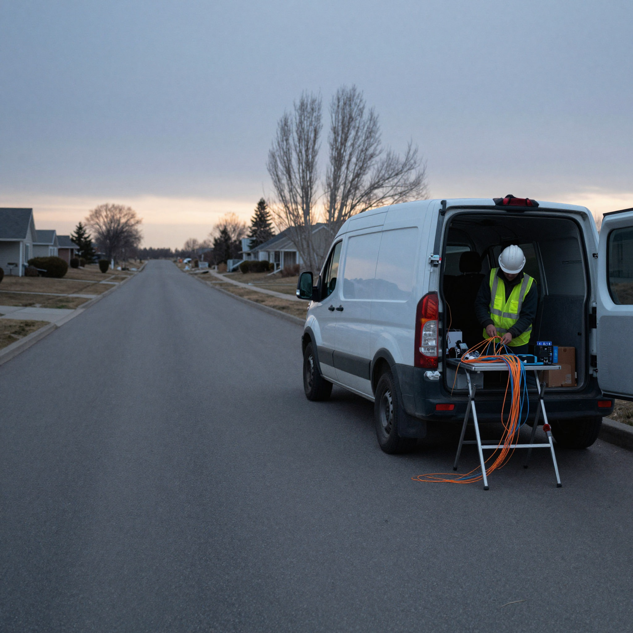A SKATEL technician splicing fibre at the back of a van on a residential street at dusk.