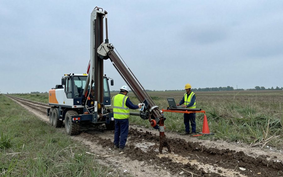 A drilling rig set up on a right-of-way, two crew in high-visibility gear working the bore.