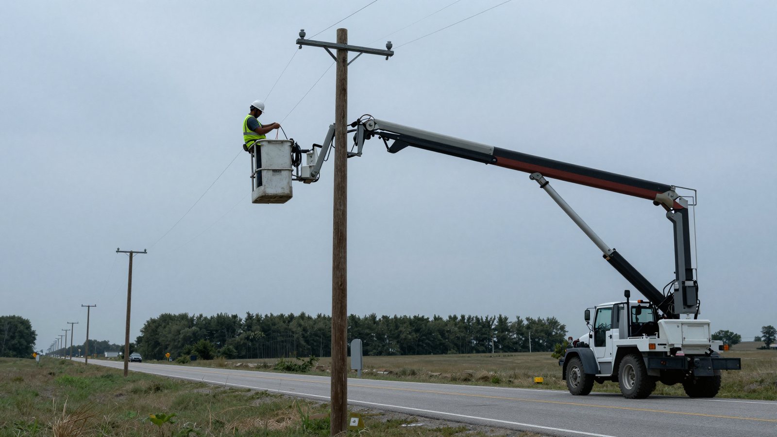 An aerial lift crew lashing cable to a utility pole.