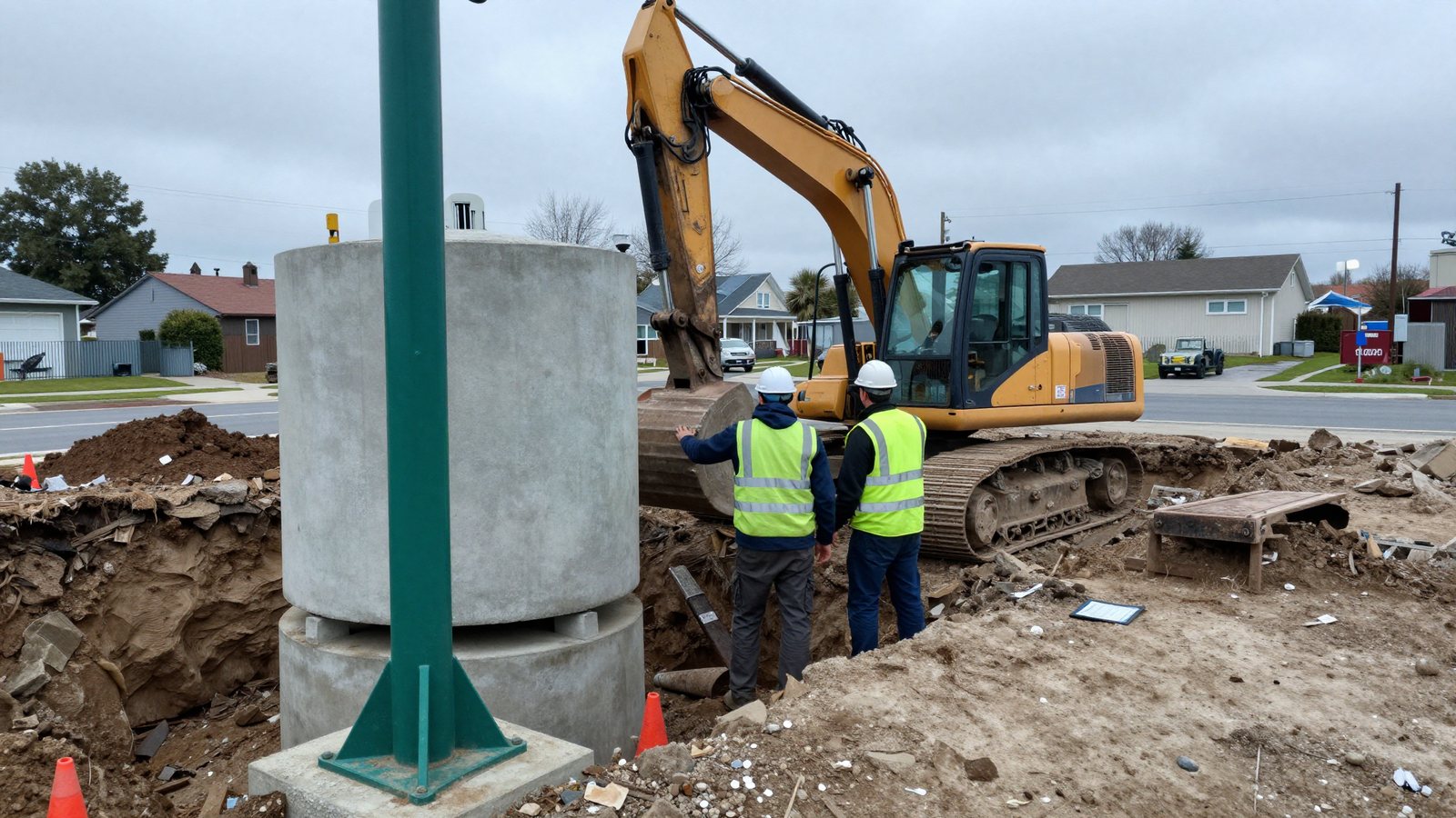 A civil crew setting a concrete vault beside an excavator.