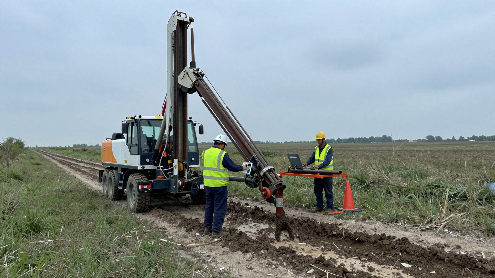 A directional drill rig set up on a rural right-of-way.