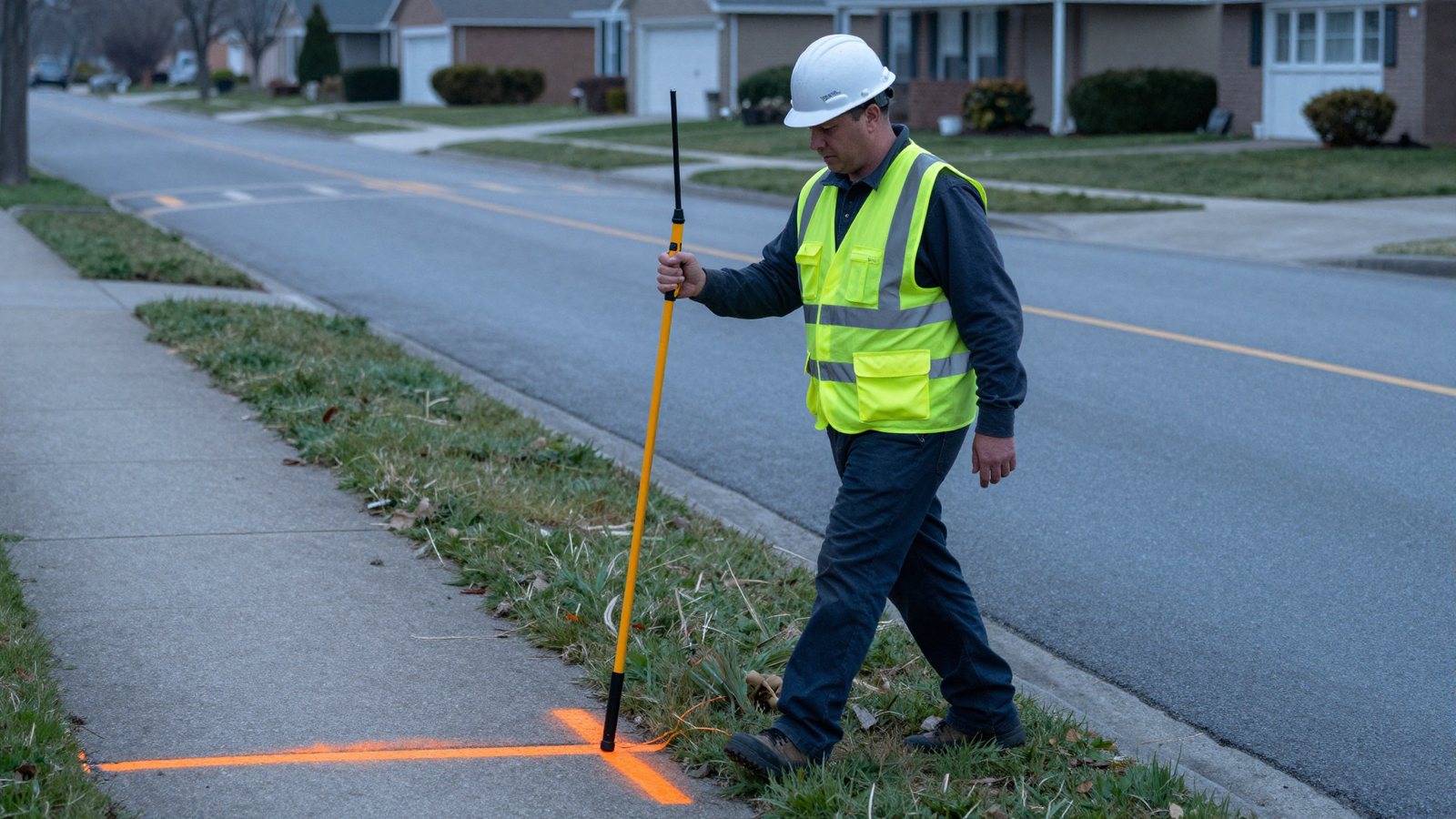 A locate technician sweeping a boulevard with a locator wand.