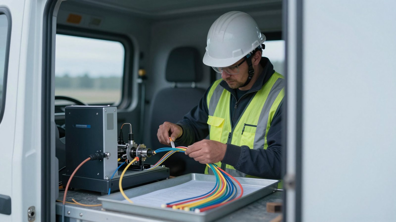 A splicer laying out coloured fibre in a splice tray inside a van.
